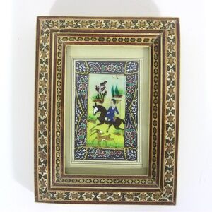 Vintage Miniature Hunting Painting in Persian Khatam Picture Frame with Bone